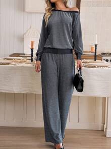 Louniche 两件套优雅纹理不对称肩部上衣+裤子套装，秋冬季，圣诞节 - 銀色 - 查看 5