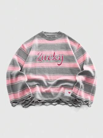 Street Life Men's Crew Neck Striped Print Knit Sweater, Unisex Fashion