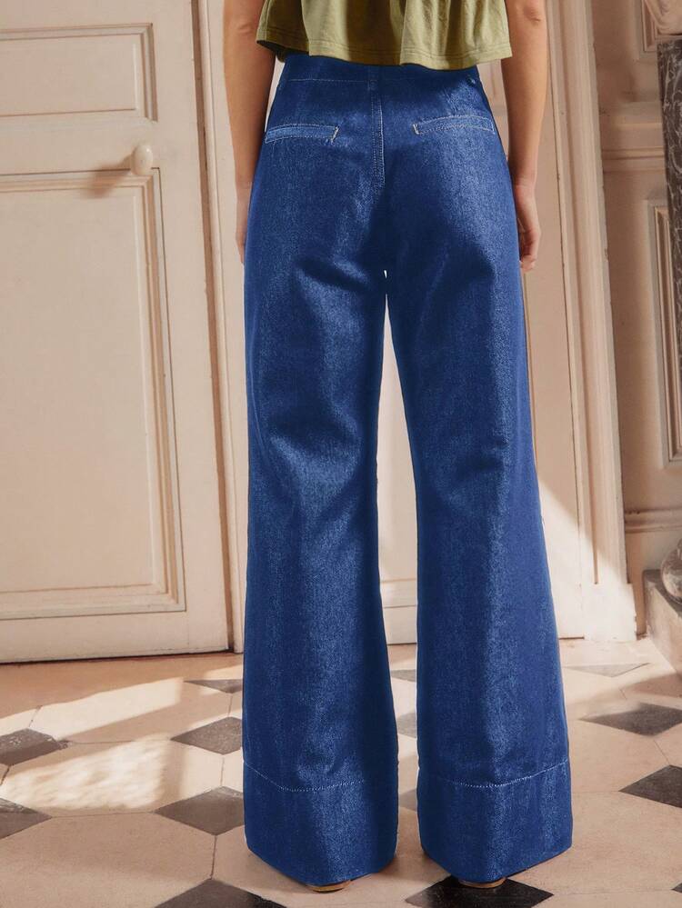 Women Seam Front Detail Blue Cotton Denim Flare Jeans Spring Women Office Business Casual For Women Spring French Style Parisian Style