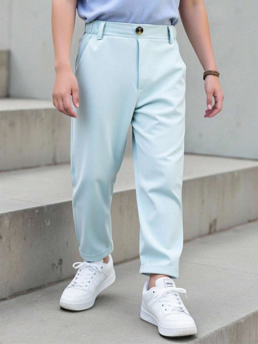 SHEIN Genkimix Kids 男童休闲纯色长裤,单扣装饰,斜插口袋,松紧腰设计,适合日常穿着、旅行、聚会、度假等场合,百搭时尚 - 薄荷綠 - 查看 1