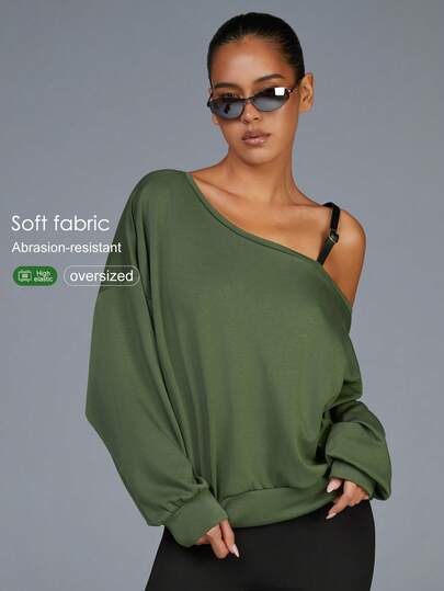 Fluxe 女士落肩长袖纽扣设计休闲宽松斜肩卫衣