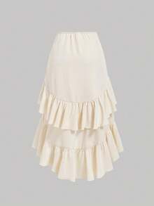 SHEIN MOD Women's Creamy Apricot Summer Skirt With High-Low Hem ,Drawstring Ruffled Layered,Party Skirt,Boho Skirt,Lunch Skirt
