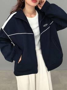 FRIFUL 女士藏蓝色立领白色撞色条纹针织滚边宽松休闲百搭保暖内衬卫衣外套，秋冬款 - 藏蓝色 - 查看 3
