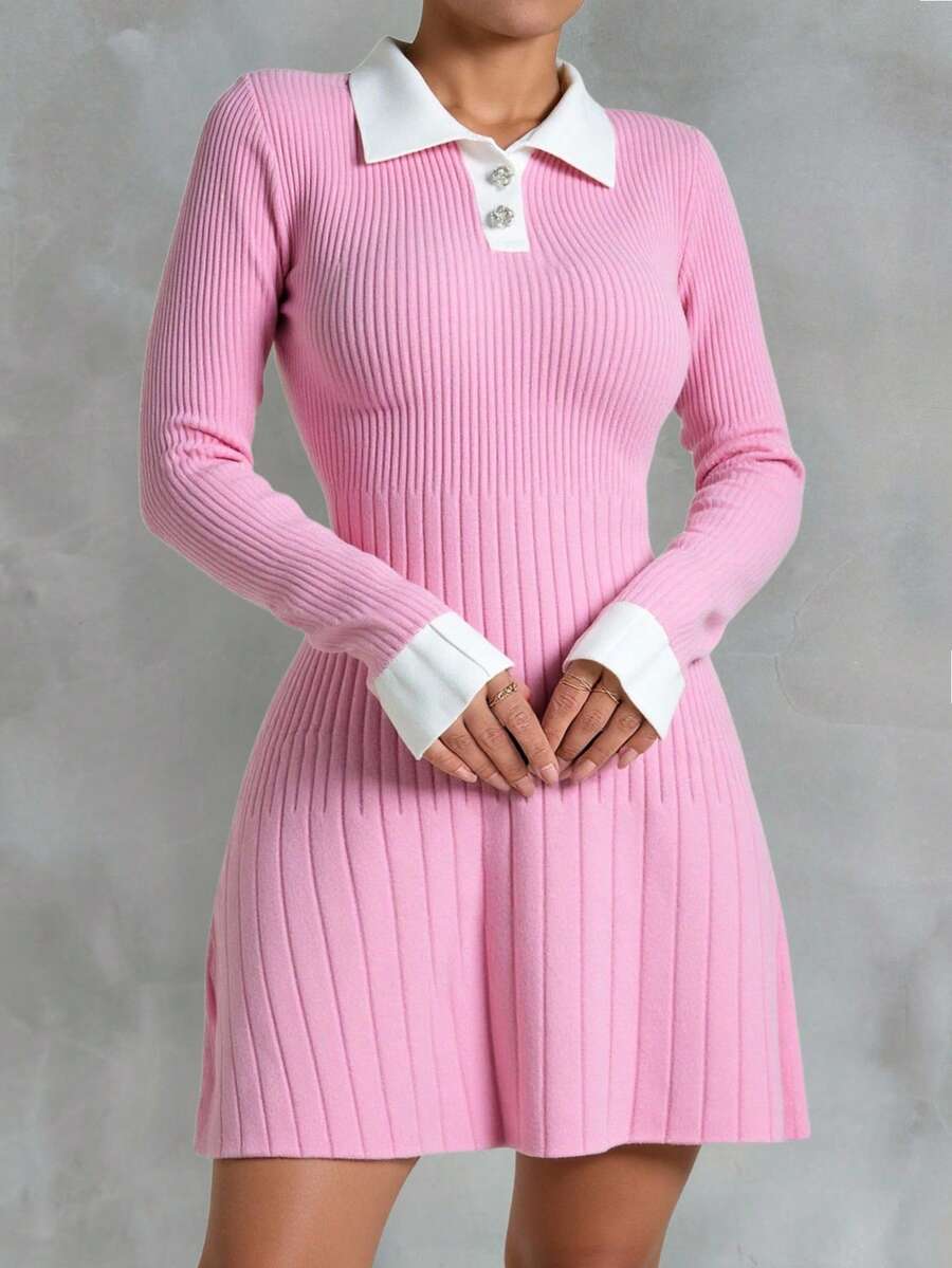 SHEIN Ribbed Knit Contrast Collar Sweater Dress With Pearl Button Front And Flared Hem For Sweet Preppy Look - White - View 1