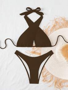 Swim SXY 2pcs Solid Color Knitted Tie-Back Summer Women Swimwear - Brown - View 5