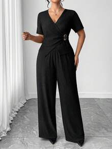 Elenzga 大码女式优雅休闲性感V领短袖上衣和直筒裤两件套，春秋季 - 黑色 - 查看 3