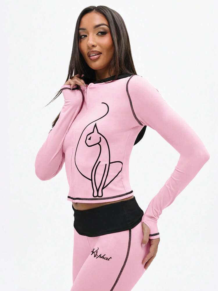 BABYPHAT Zip Up Hooded Top With Contrast Black Trim And Cat Print Design Long Sleeve Fitted Jacket For Casual Winter Wear