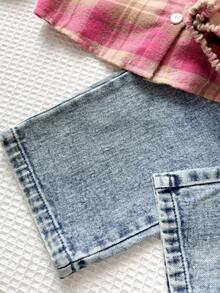 Playful Pals 2pcs/Set Girls Casual Striped Long Sleeve Collared Shirt And Embroidered Denim Pants Set, Suitable For Spring, Autumn, Winter, Outdoor, School, Daily Wear - Pink - View 8