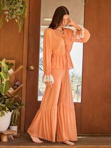 Lullawish Bohemian Lace Trim Women Pajama Set Women Lounge Wear Sets Orange Pj Set Orange Pajama Set Women Pajamas Set Two Piece Pant Sets In Women - Orange - View 6