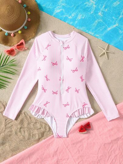 SHEIN Bộ đồ bơi liền thân thoải mái cho bé gái tuổi teen, có họa tiết nơ và viền bèo nhún, thích hợp cho kỳ nghỉ biển, màu xanh dương.
