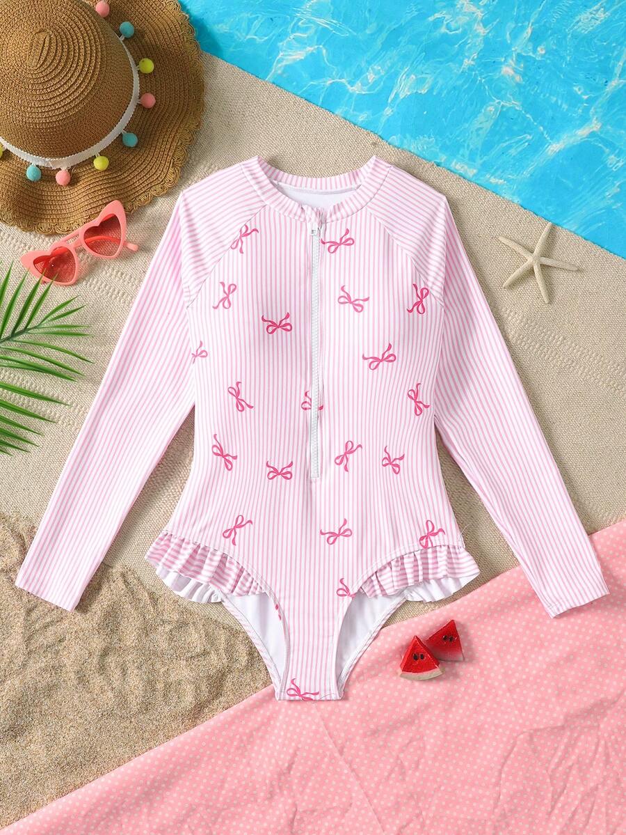 SHEIN Maiô infantil feminino confortável com estampa de laço e babados, ideal para férias na praia, azul. - Baby Rosa - Ver 1