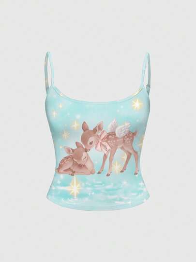 Anime Cute Blue Nature-Inspired Moon, Star & Deer Print Camisole For Women