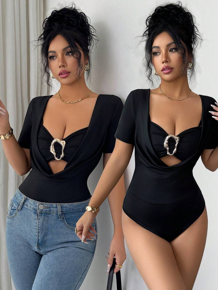 Body elegant pentru femei Elenzga, guler ascuțit, decor cu frânghie metalică, mânecă lungă, 2 în 1, negru - Negru - Vizualizare 1