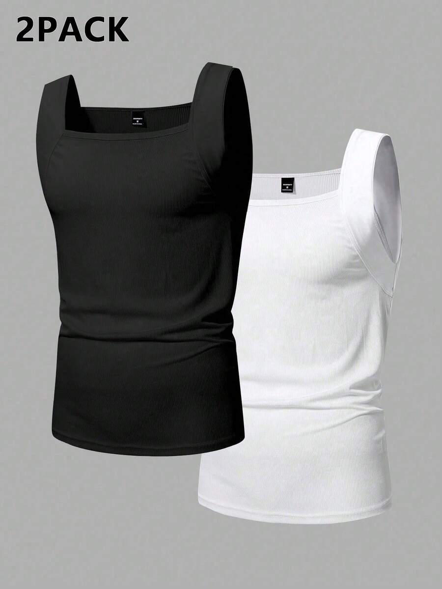 Manfinity Homme 2 chiếc áo tank top không tay cổ vuông màu trơn dành cho nam, kiểu dáng thường ngày, thích hợp mặc mùa hè. - Nhiều màu - Xem 1