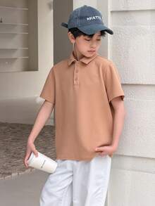 SHEIN 儿童/青少年男童休闲舒适翻领半拉链宽松短袖针织Polo衫，适合上学、花园、海滩、生日、春季、夏季、秋季、冬季穿着。 - 卡其色 - 查看 5