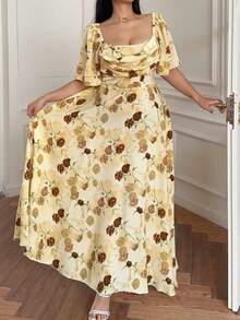 Flirla Yellow,Summer,Elegant,Wedding Guest French Retro Floral Ruched Bust Ruffle Hem Short Sleeve A-Line Dress,Waist Cinching Princess Outfit - Multicolor - View 4