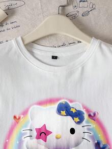 HELLO KITTY AND FRIENDS | SHEIN 女士休闲可爱卡通猫图案短袖T恤，夏季 - 白色 - 查看 4