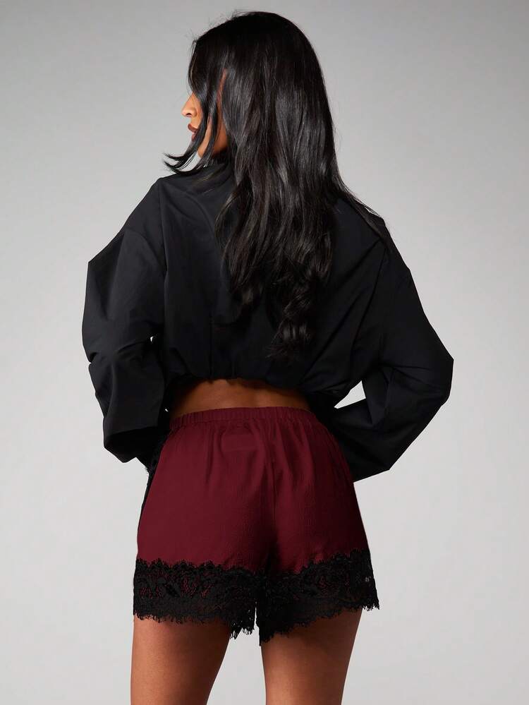 MISSGUIDED Satin Drawstring Shorts With Lace Trim Detail Casual Summer Sleepwear Lounge Bottoms