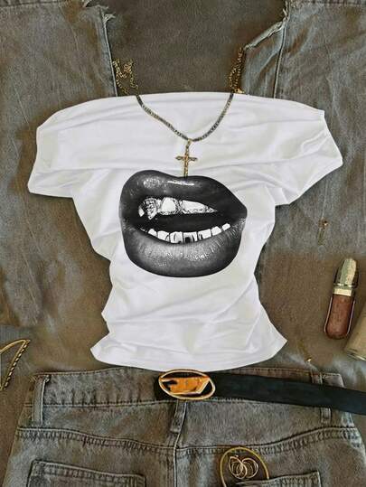 Attitoon Casual vintage street graffiti lip print gerimpeld off-shoulder strak kort mouw T-shirt voor dames, veelzijdige stijl geschikt voor de vroege herfst, vintage, academisch, sexy, schattig, Y2K, kokosnootmeisje, boho, hippie, muziekfestival, herfst/winter