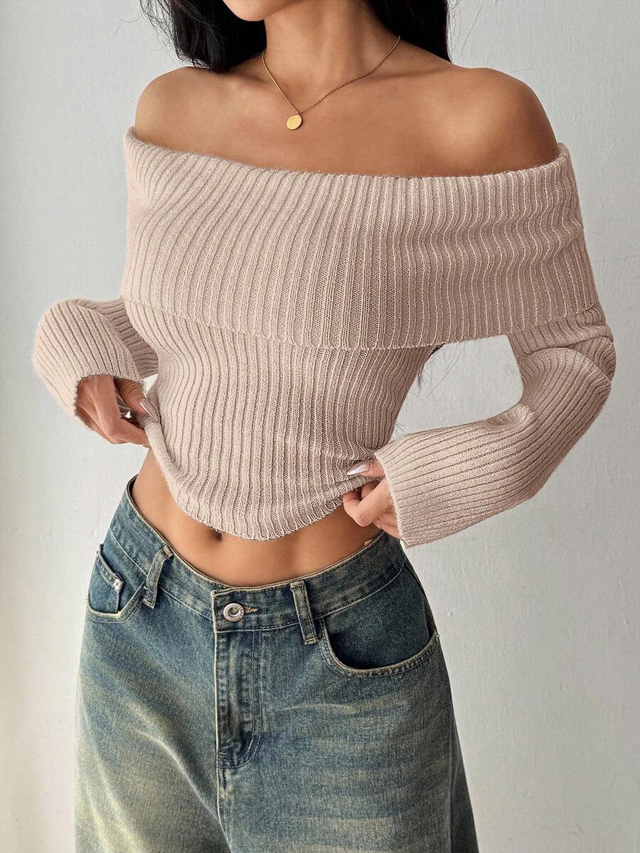 SHEIN PETITE Áo len nữ trễ vai chất liệu flanel phong cách Y2K, màu trắng. - Màu be - Xem 1