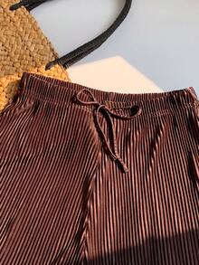 SHEIN EZwear Summer Solid Tie Front Wide Leg Baggy Shorts - Coffee Brown - View 4