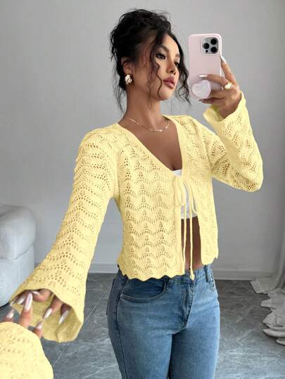 Elenzga Women's Elegant Tie-Front Hollow-Out Solid Color Cardigan