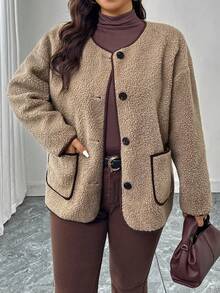 SHEIN LUNE Plus Size Contrast Color Casual Long Sleeve Winter Knitted Button Up Coat - Khaki - View 6