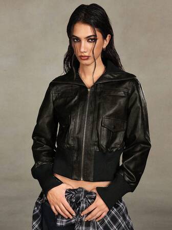 Grunge Punk Kpop Vintage Street-Style Distressed PU Biker Jacket For Women