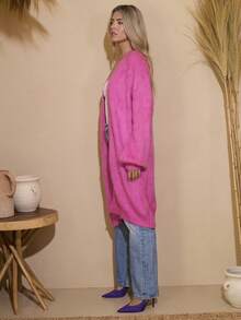 Dancing Leopard Long Line Knitted Cardigan Knit Balloon Sleeve Winter Everyday Layering Commute Winter Walks Office Brunch Refined Modern Polished Timeless Versatile Elegant - Pink - View 3