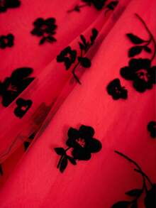 Franclia Plus Size Women Allover Floral Print Plush Mesh Flare Maxi Skirt - Red - View 4