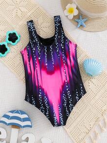 SHEIN Young Girl Tie-Dye Pattern Hollow Waist One-Piece Swimsuit, Casual & Vacation - Hot Pink - View 2