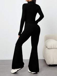 Dewbera Women's Seamless Yoga Sports Zip-Up Crop Top And High Waist Sports Leggings Set Black 2 Piece Set Flared Leggings Set - Black - View 2