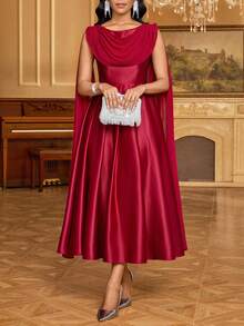 SHEIN Lady Đầm dài ngang gối thanh lịch, màu trơn, kiểu dáng poncho dành cho nữ. - Màu Đỏ Sâu - Xem 6
