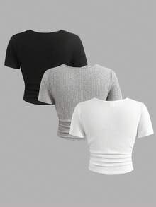 SHEIN Bộ 3 áo thun ngắn tay cổ tròn, xếp ly, dáng ôm, cơ bản, đa năng, co giãn tốt, dành cho bé gái tuổi teen, màu đen, trắng, xám họa tiết hoa, chất liệu cotton mềm mại. - Nhiều màu - Xem 2