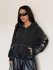 StreetHx Women's Dropped Shoulder Long Sleeve Casual Hooded Denim Jacket - Black - View 4