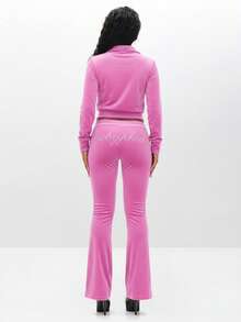 BABYPHAT Velour Funnel Neck Zip Up Sweatshirt With Rhinestone Embellishments Long Sleeve Cropped Top For Fall Winter Casual Wear - Pink - View 2