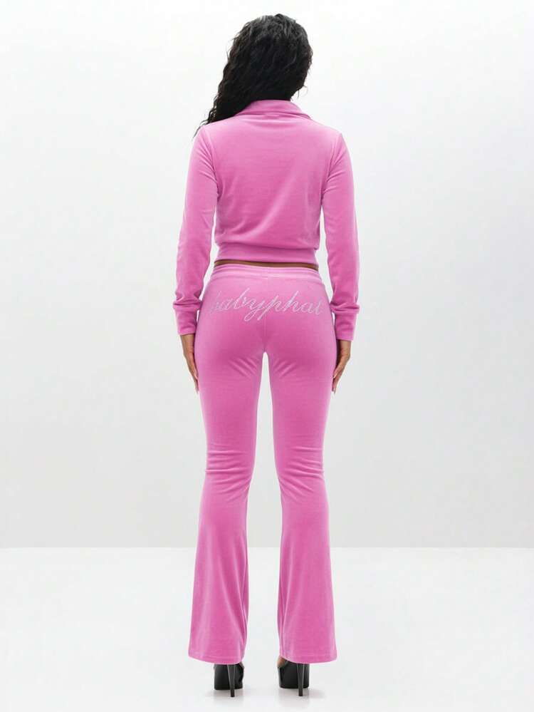 BABYPHAT Velour Funnel Neck Zip Up Sweatshirt With Rhinestone Embellishments Long Sleeve Cropped Top For Fall Winter Casual Wear