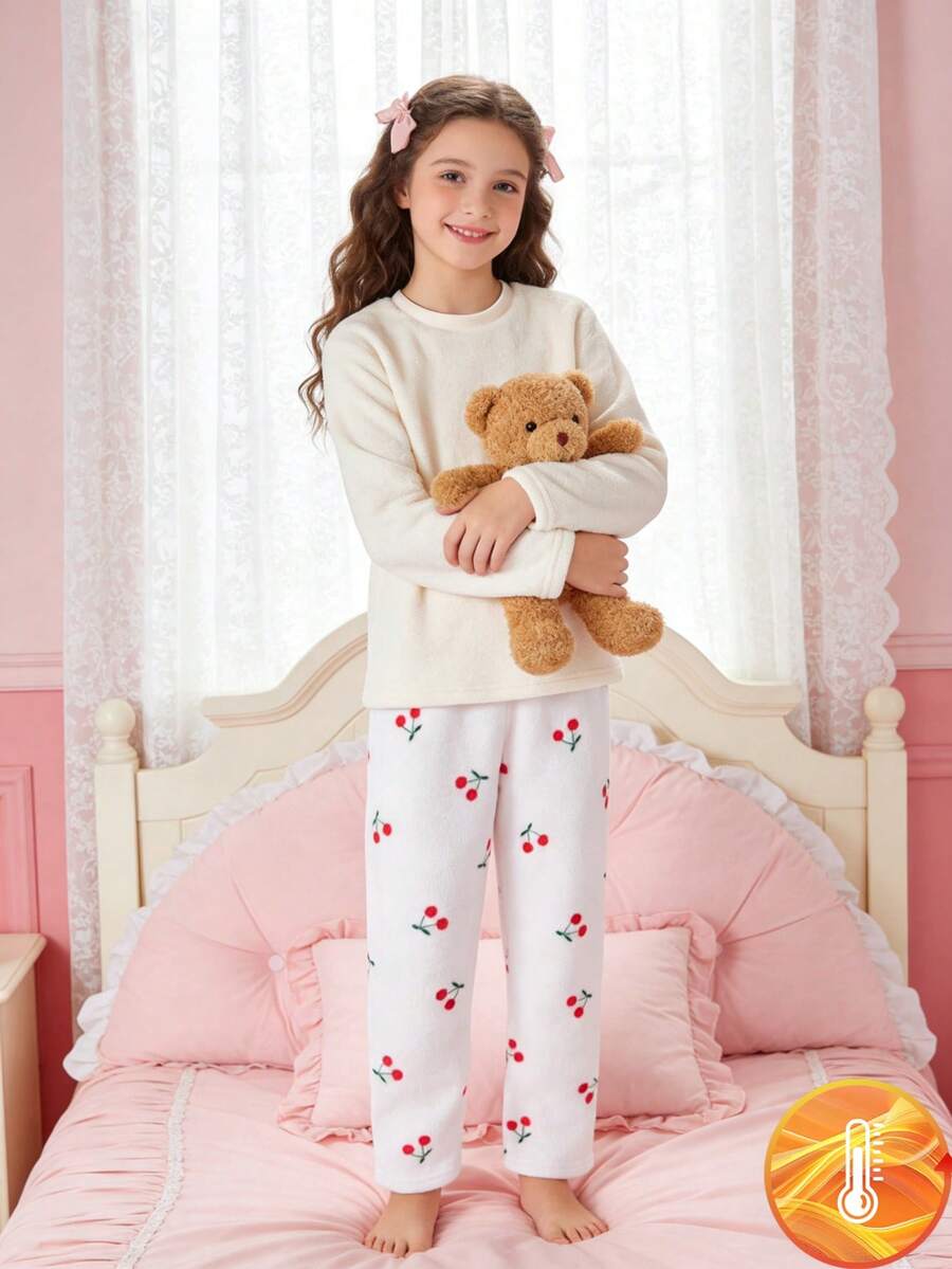 Genkimix Kids Girls' Fashionable Solid Color Fluffy Soft Fabric + Cherry Print Loose Casual Pants Set - Apricot - View 1