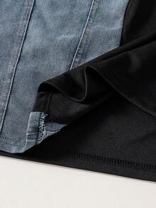 SHEIN Mirajuku 2件套青少年男童休闲牛仔拼接针织T恤和短裤，时尚街头风牛仔拼接套装 - 黑色 - 查看 8