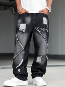 Manfinity EMRG Men's Casual Fashion Street Ripped Raw Edge Loose Straight Leg Jeans - Black - View 6