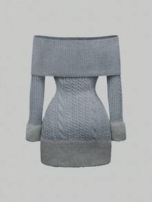 ROMWE Kawaii Đầm dạ hội len chắp vá trang trí lông vũ trễ vai dành cho nữ, thích hợp cho năm mới, ngày lễ tình nhân - Màu Xám nhạt - Xem 3