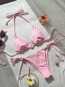 Bikini de mujer Swim Mod-D de unicolor con decoración floral en el cuello halter, para primavera/verano - Rosa - Ver 3