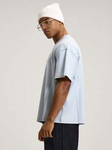 Musero Crew Neck Boxy Short Sleeve Drop Shoulder "WORK HARD" Graphic Print Tshirt Top Autumn Winter Essentials - Baby Blue - View 3