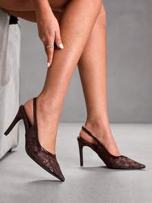 CUCCOO SZL Women's Elegant Lace Pointed Toe Pumps For Commuting - Coffee Brown - View 7