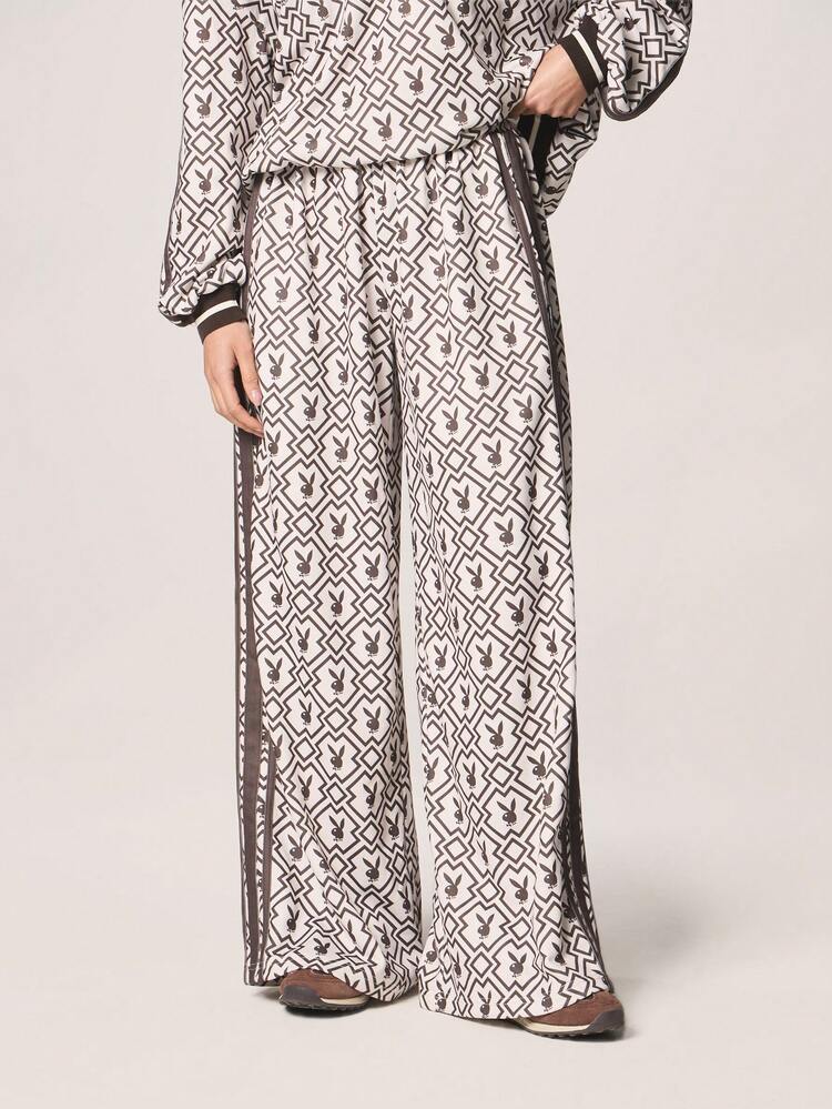 Missguided x Playboy Women Wide Leg Printed Geometric Rabbit Logo Joggers With Elastic Waistband Side Stripe Detail Comfortable Loose Fit Sweatpants
