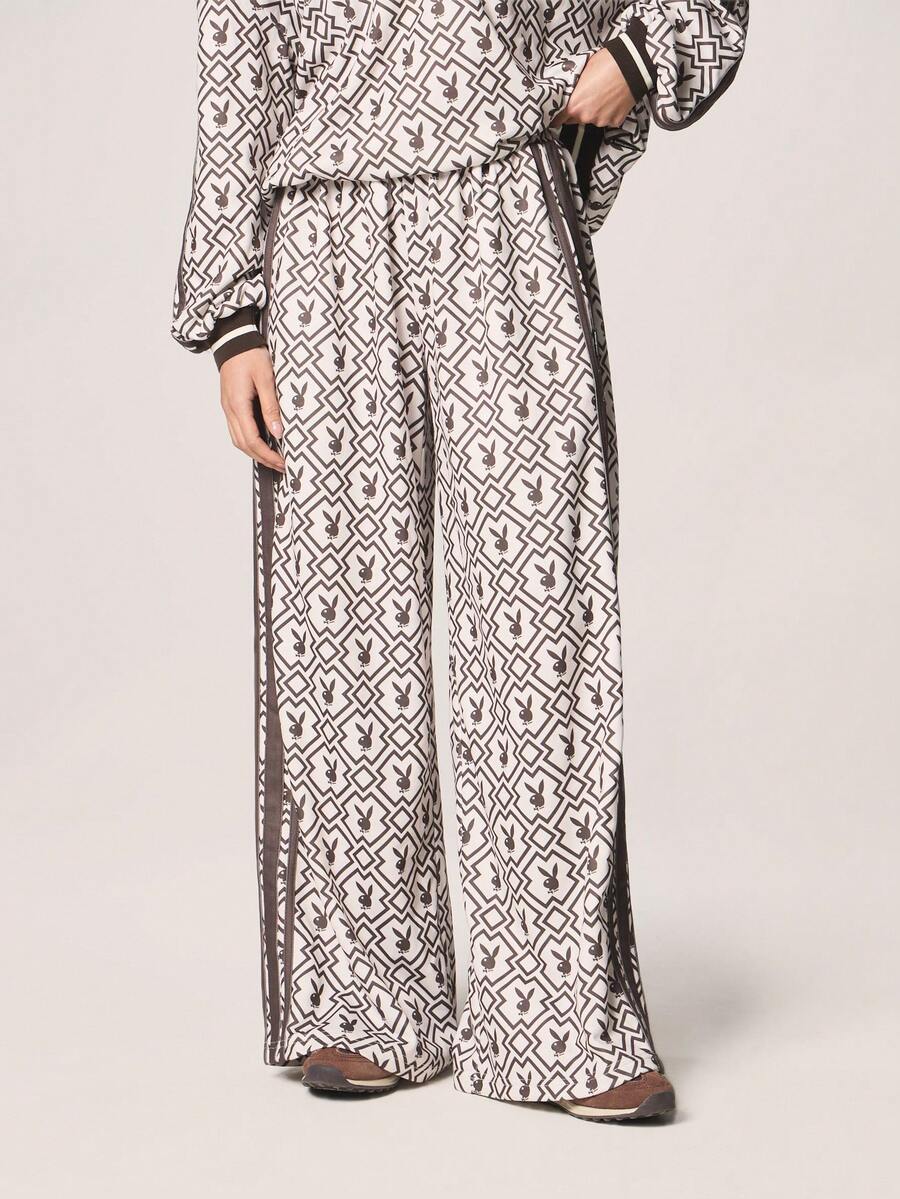 Missguided x Playboy Women Wide Leg Printed Geometric Rabbit Logo Joggers With Elastic Waistband Side Stripe Detail Comfortable Loose Fit Sweatpants - Multicolor - View 1