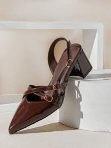 SHUZIA Giày cao gót đế vuông thời trang thiết kế đẹp mắt, chất liệu PU sáng chế, thoải mái khi đi làm cả ngày - Màu nâu Sô-cô-la - Xem 9