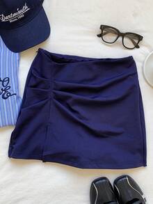 SHEIN EZwear 夏季服装 黑色纯色高腰开衩下摆短裙 - 藏蓝色 - 查看 7