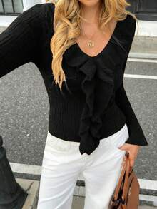 Pariaura 优雅藏蓝色荷叶边针织套头毛衣 - 黑色 - 查看 7