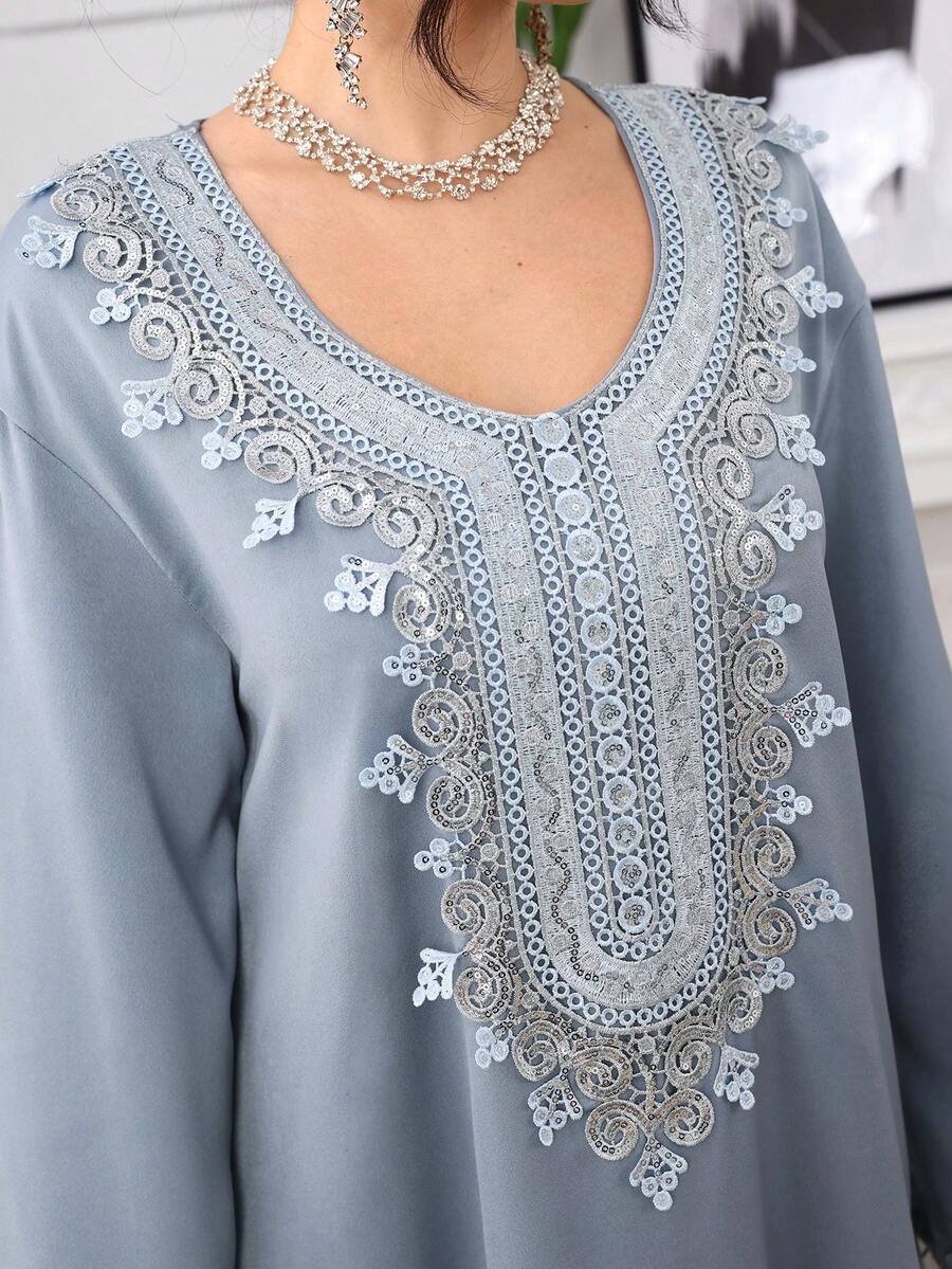 Al Najma Women's Elegant Blue Long Sleeve Floral Lace Collar Arabic Style Dress, Autumn - Blue - View 1